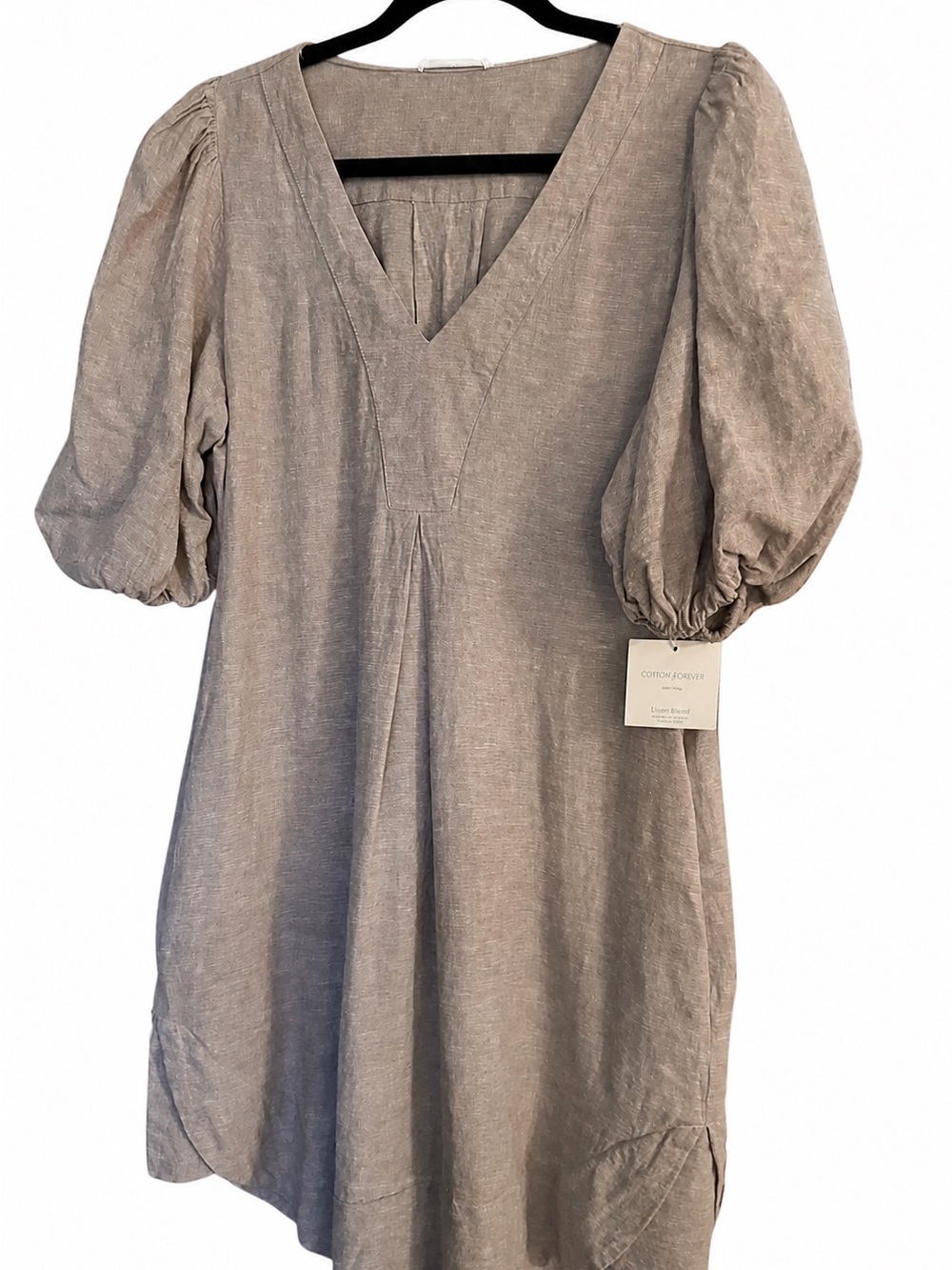Cynthia Rowley Taupe V-Neck Puff-Sleeve Tunic Dress
